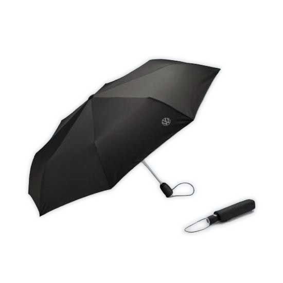 Ein schwarzer Regenschirm mit einem langen silbernen Stiel und einem schwarzen Griff. Im Vordergrund ist ein passender schwarzer Schutzetui zu sehen. Der Regenschirm ist geöffnet.