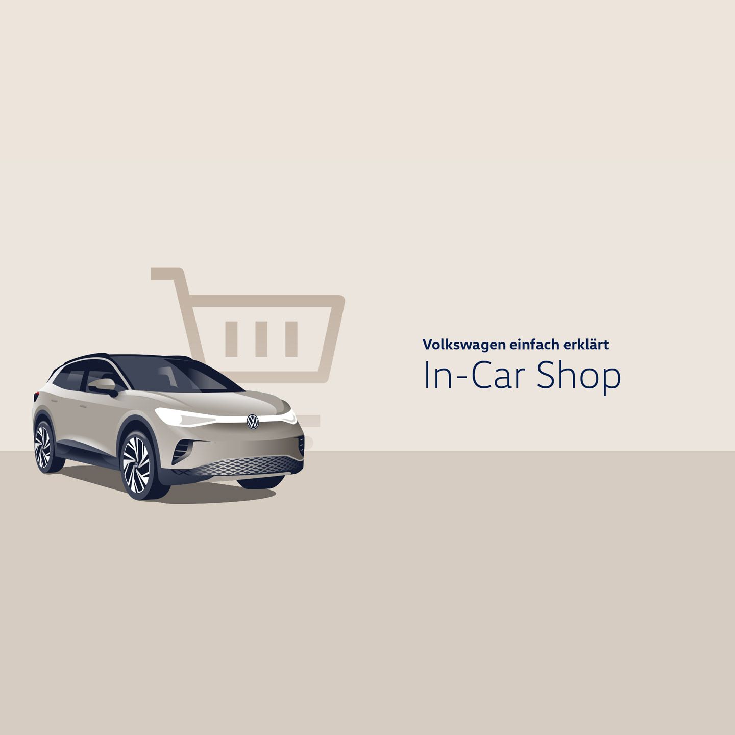 Grafische Darstellung eines hellen Volkswagen E-SUVs vor einem stilisierten Einkaufswagen-Symbol. Daneben steht der Text „Volkswagen einfach erklärt – In-Car Shop“. Das Motiv vermittelt das Konzept des digitalen Einkaufens direkt im Auto.
