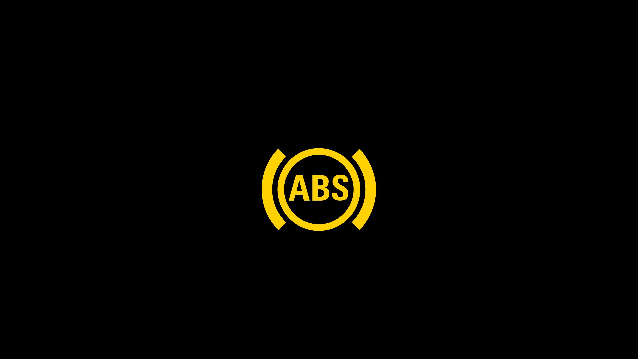 Gelbes ABS-Symbol auf schwarzem Hintergrund. Das Symbol zeigt, dass das Antiblockiersystem aktiviert ist oder ein Problem damit vorliegt. ABS steht für "Anti-Blockier-System".