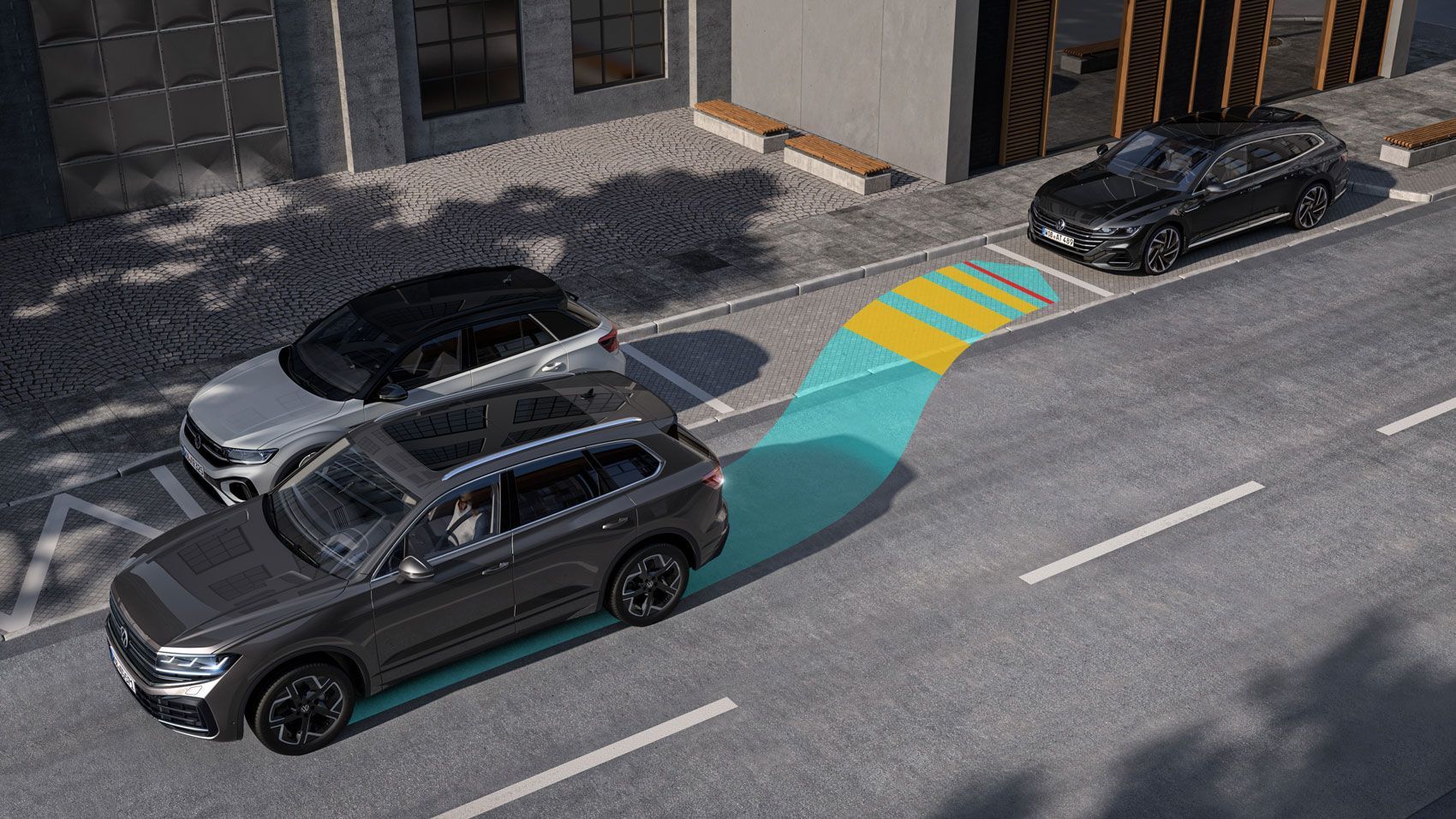 Grafische Darstellung des Assistenzsystems Park Assist Pro im VW Touareg