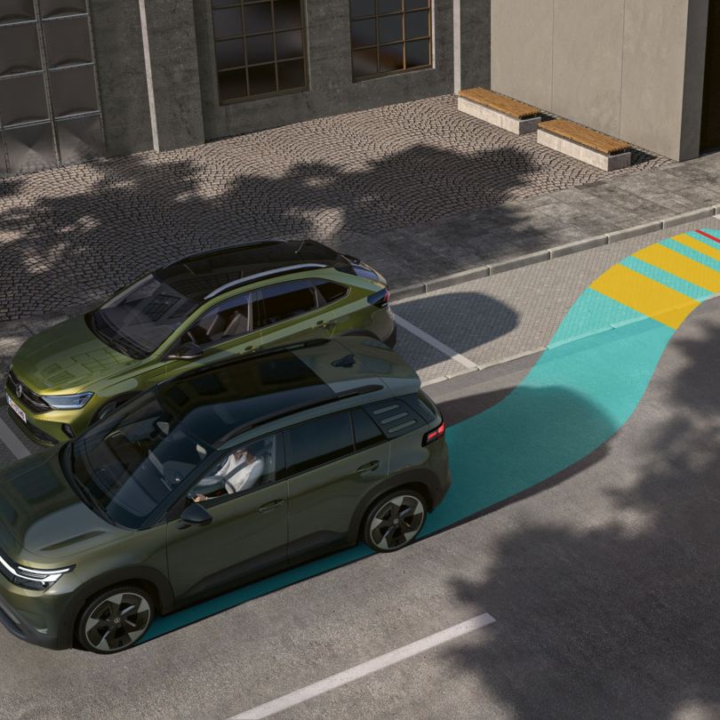 Illustration zeigt einen VW ID. Cross der mit Park Assist Plus rückwärts in eine seitliche Parklücke einparkt.