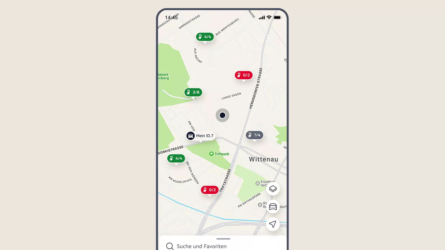 Ansicht in der Volkswagen App mit Karte, Position des Fahrzeugs und  Ladepunkten in der Umgebung.
