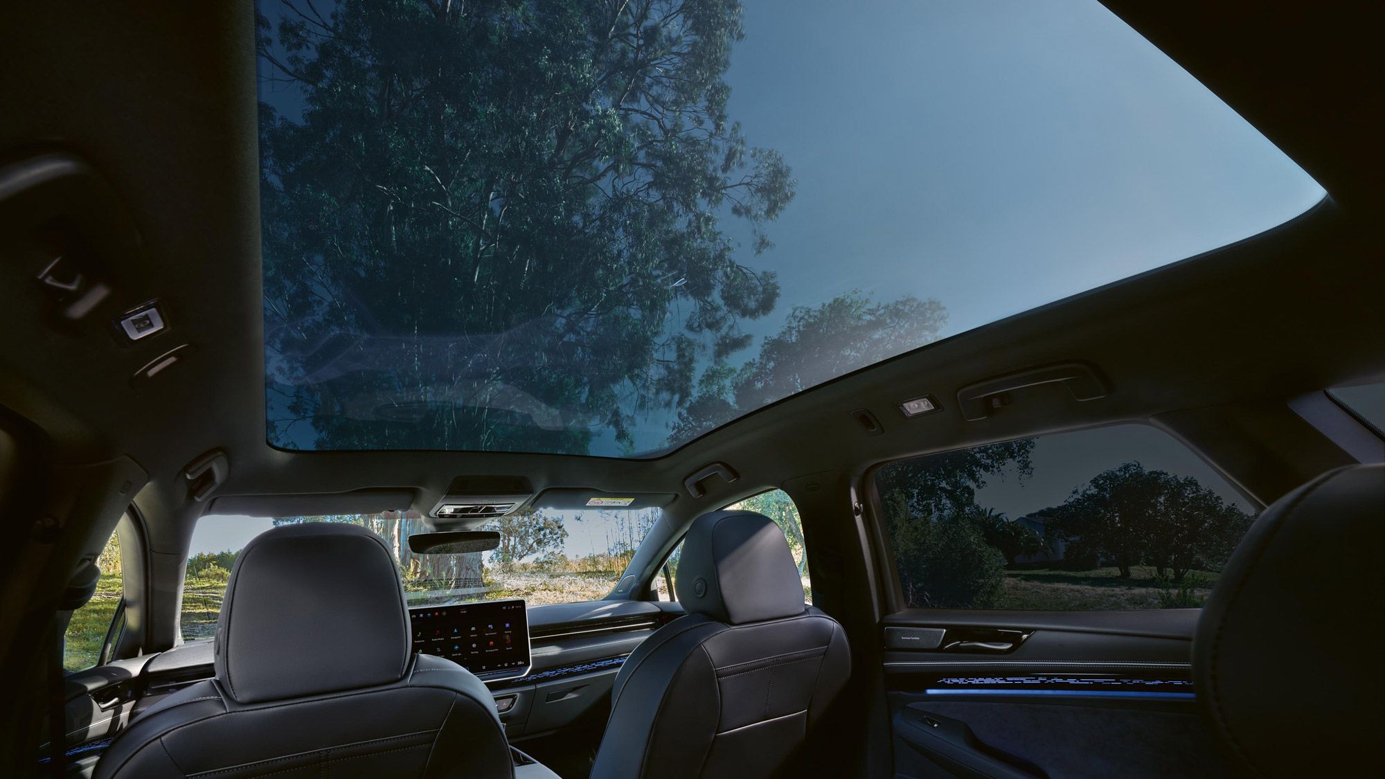 Blick vom Rücksitz durch das Panoramadach eines VW ID.7 Tourer auf Baumwipfel.