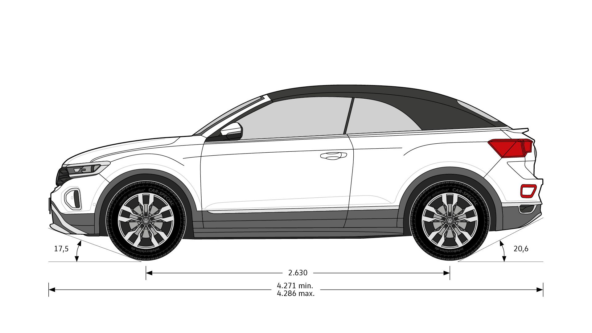 Seitliche Ansicht eines T-Roc Cabriolet inklusive der Abmessungen