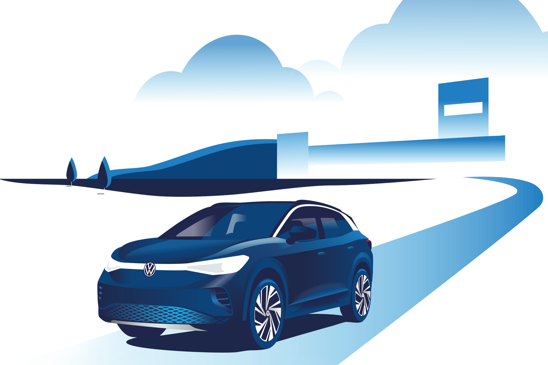 Eine Illustration des VW ID.3 mit einer Steckdose daneben und Solarplatten im Hintergrund-