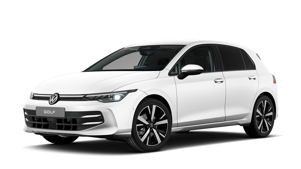 Ein weißer VW Golf 8 PA schräg von vorne