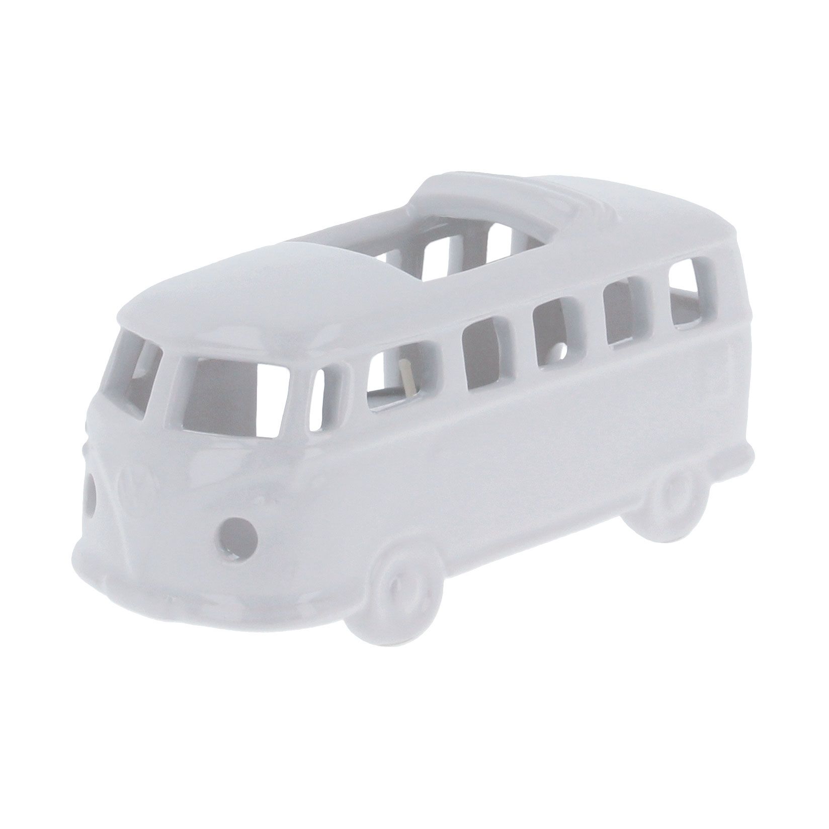 Ein kleines, weißes Modell eines klassischen VW-Busses mit Fenstern und Rädern. Das Modell ist klar und minimalistisch gestaltet.