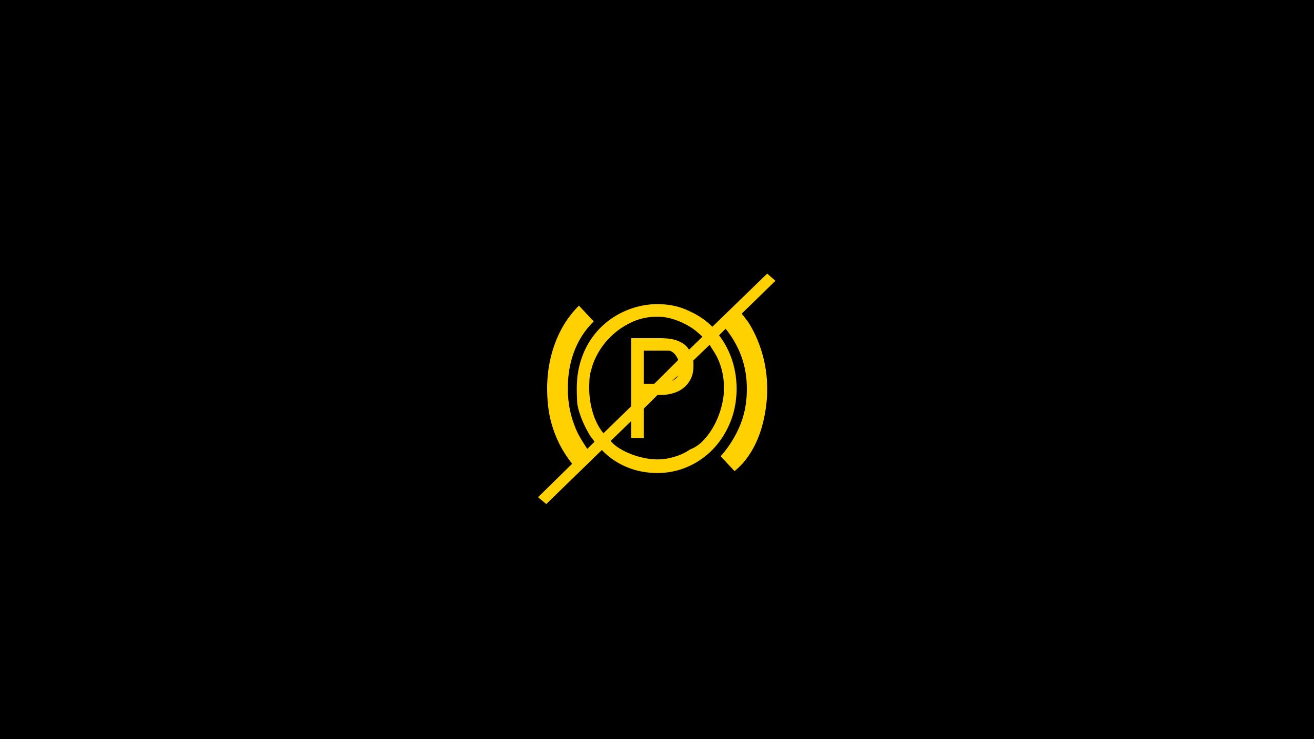 Ein gelbes Symbol mit einem durchgestrichenen Buchstaben "P" auf schwarzem Hintergrund. Das Symbol deutet an, dass das Parken oder eine Parkbremse deaktiviert ist. Es könnte in einem Fahrzeug verwendet werden, um den Fahrer zu informieren.