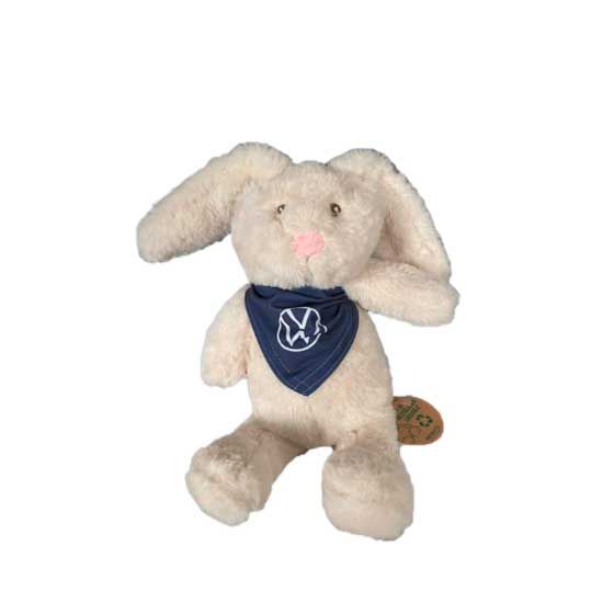 Ein cremefarbener Plüschhase trägt ein blaues Halstuch mit einem weißen VW Logo darauf. Der Hase hat lange Ohren und rosafarbene Nase.