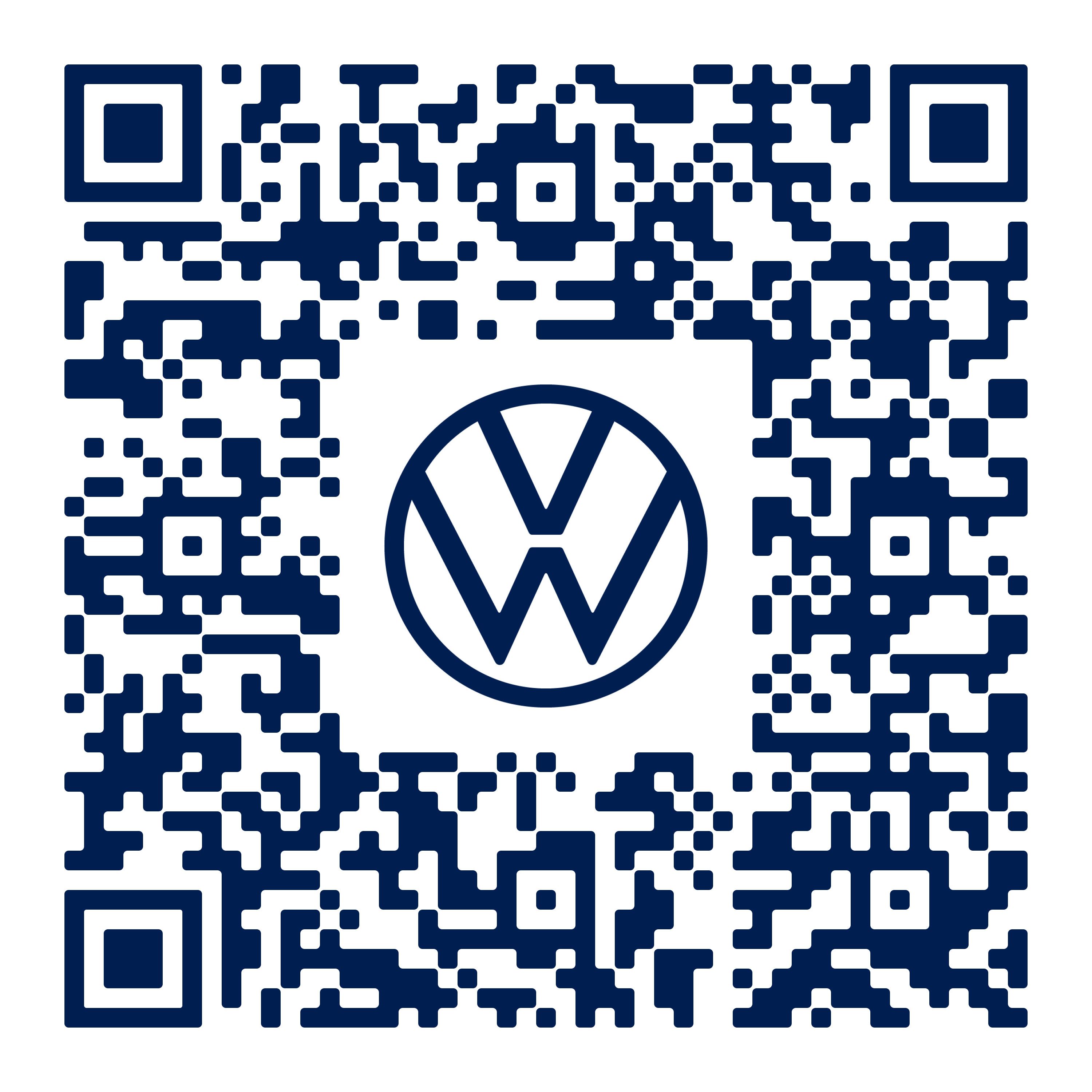 Ein blauer QR-Code mit dem Volkswagen-Logo in der Mitte. Das Logo besteht aus einem "V" über einem "W" in einem Kreis. Der QR-Code kann mit einem QR-Code-Scanner gelesen werden.