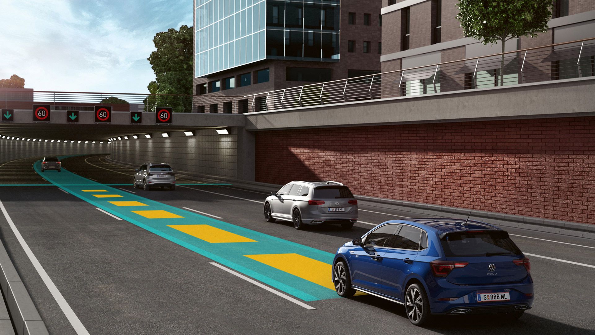 Illustration zeigt schematisch anhand eines VW Polo die Funktionsweise beim Travel Assist.