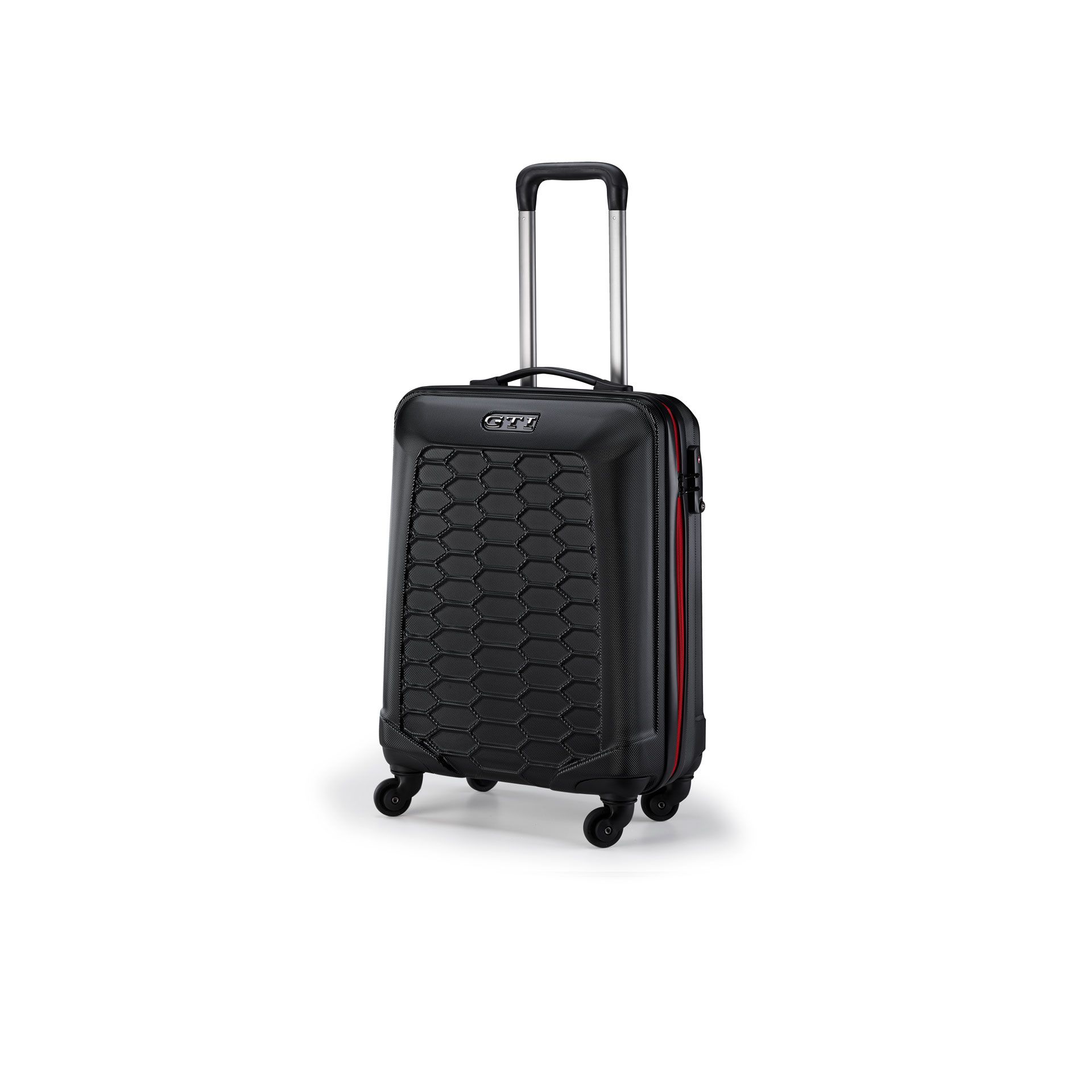 Schwarzer Rollkoffer mit vier Rädern und ausgezogenem Griff. Die Vorderseite hat ein wabenförmiges Muster. Seitlich ist ein roter Streifen sichtbar.