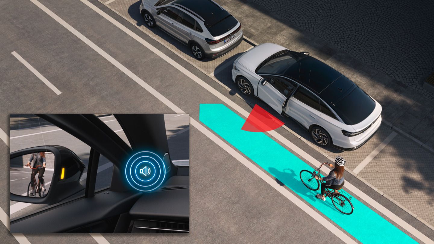 Illustration zeigt schematisch anhand eines VW ID.7 die Funktionsweise der Ausstiegswarnung.