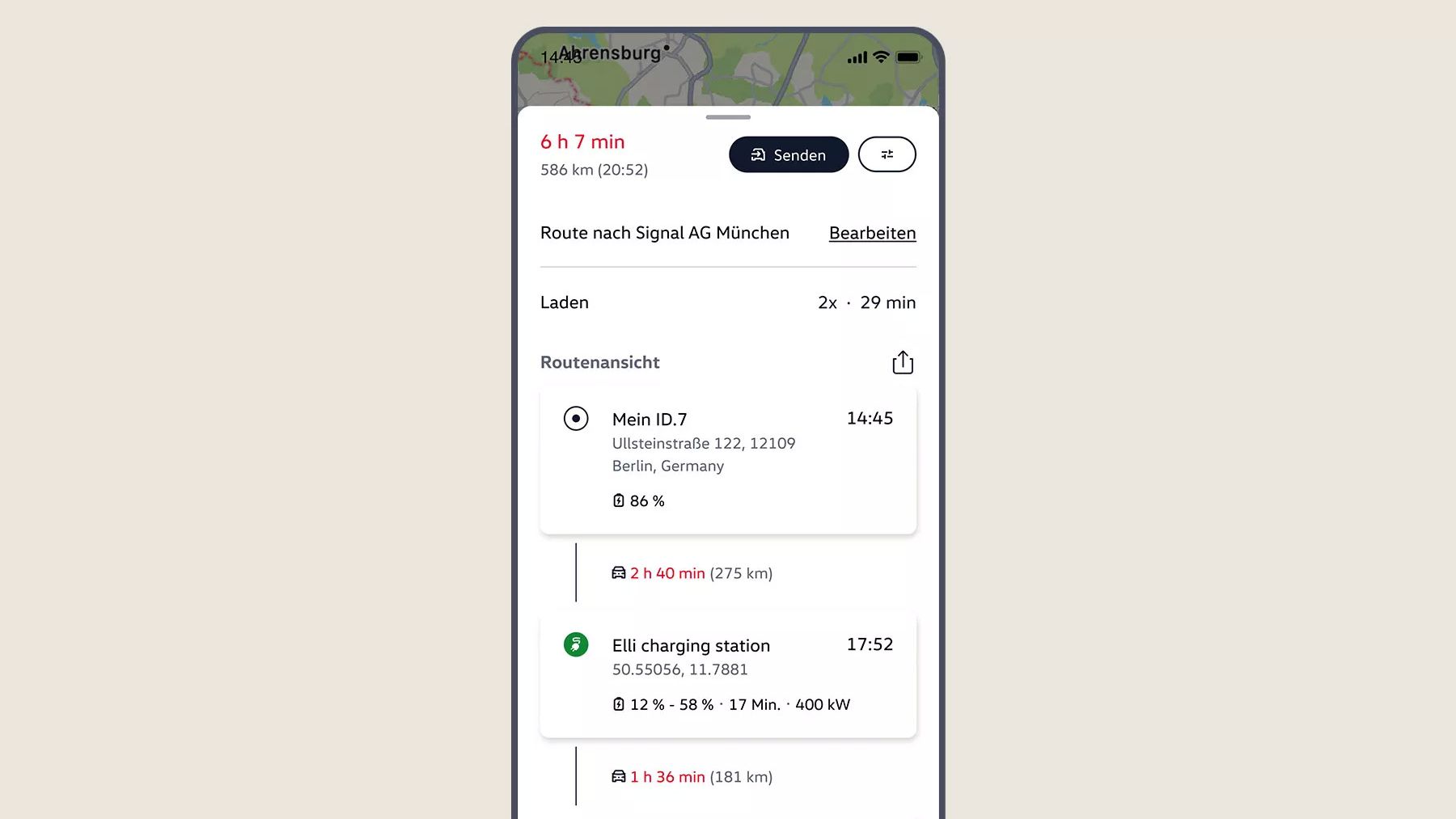 Ansicht in der Volkswagen App mit Karte und Route 