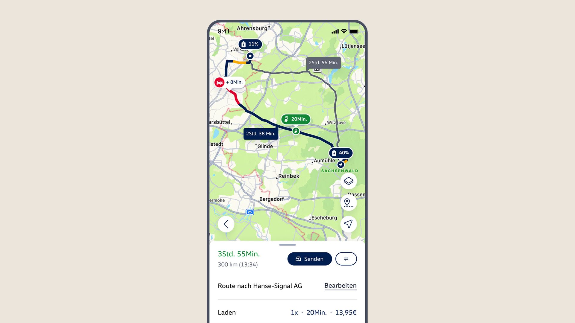 Ansicht in der Volkswagen App mit Karte und Route 