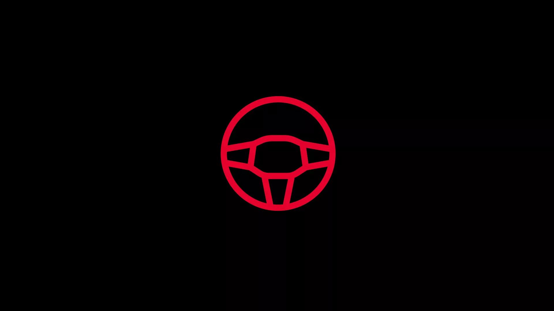 Das Bild zeigt ein rotes Lenkrad-Symbol auf schwarzem Hintergrund. Das Symbol stellt ein stilisiertes Lenkrad dar.