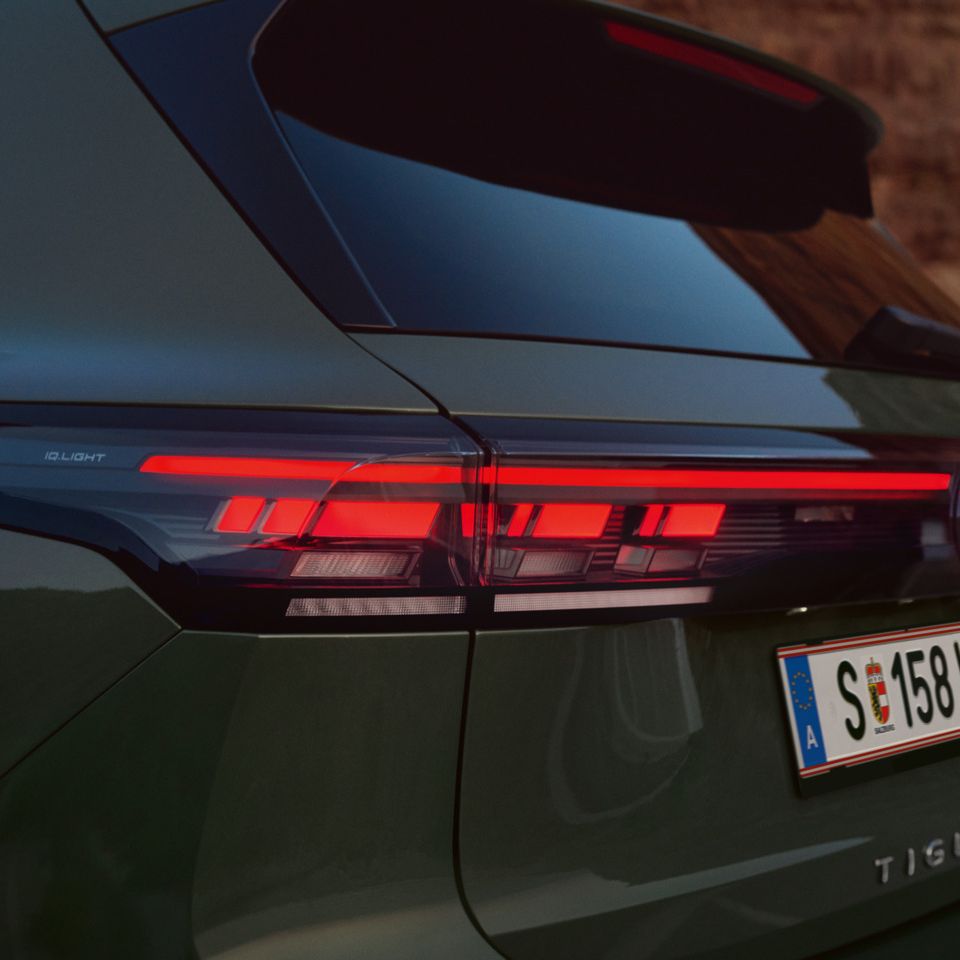 Detailansicht der Heck-Lichtsignatur eines vor einer felsigen Landschaft geparkten dunkelgrünen VW Tiguan.
