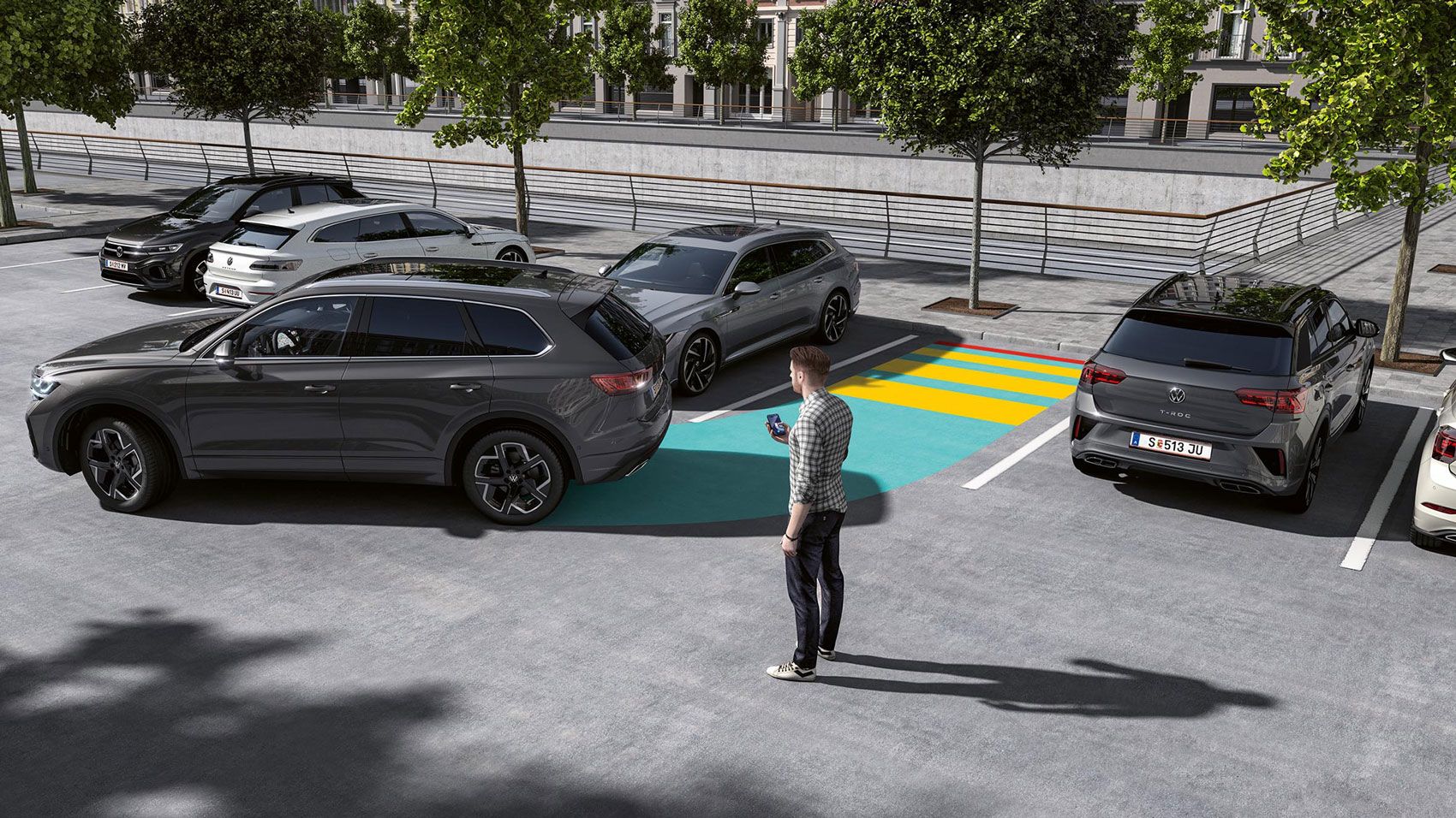 Grafik zeigt, wie der Parkassistent Park Assist Pro im VW Touareg funktioniert. 