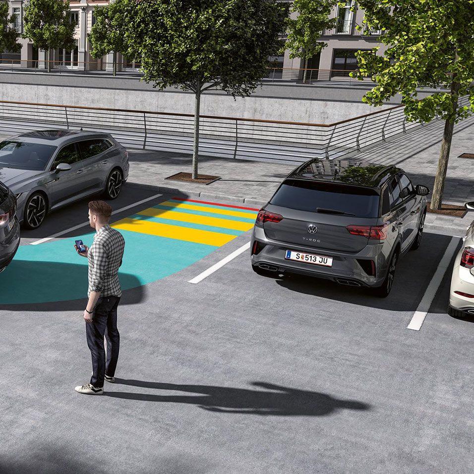 Illustration zeigt schematisch anhand eines VW Touareg die Funktionsweise des Park Assist Pro.