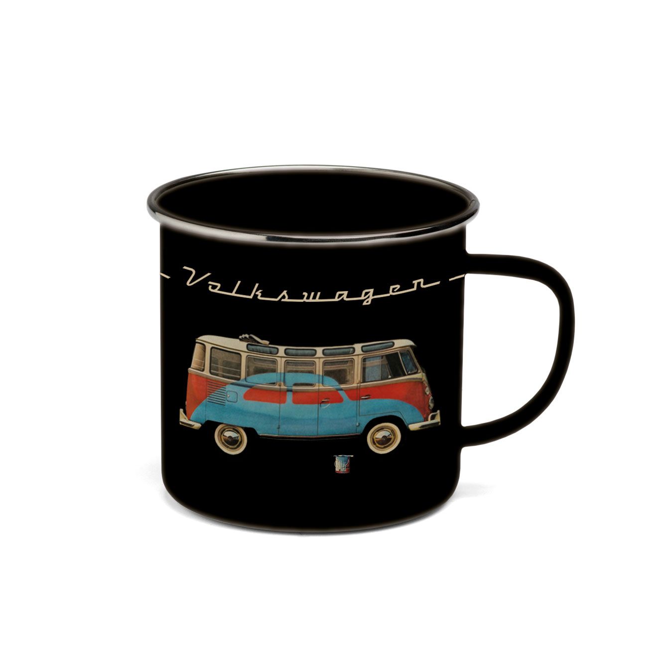 Schwarze Tasse mit einem nostalgischen Volkswagen-Bus-Motiv in blauen und roten Farben. Oberhalb des Busses steht in geschwungener Schrift "Volkswagen". Die Tasse hat einen Henkel auf der rechten Seite.