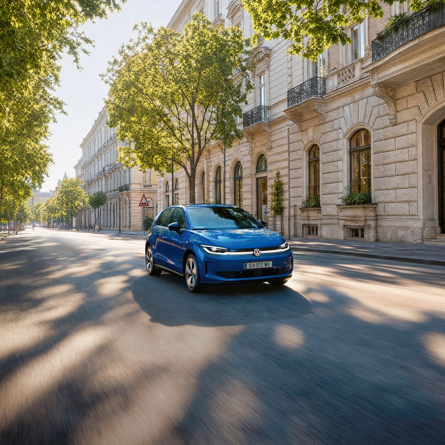 Ein blauer VW ID. Polo fährt auf einer breiten Straße im Schatten einer Allee.