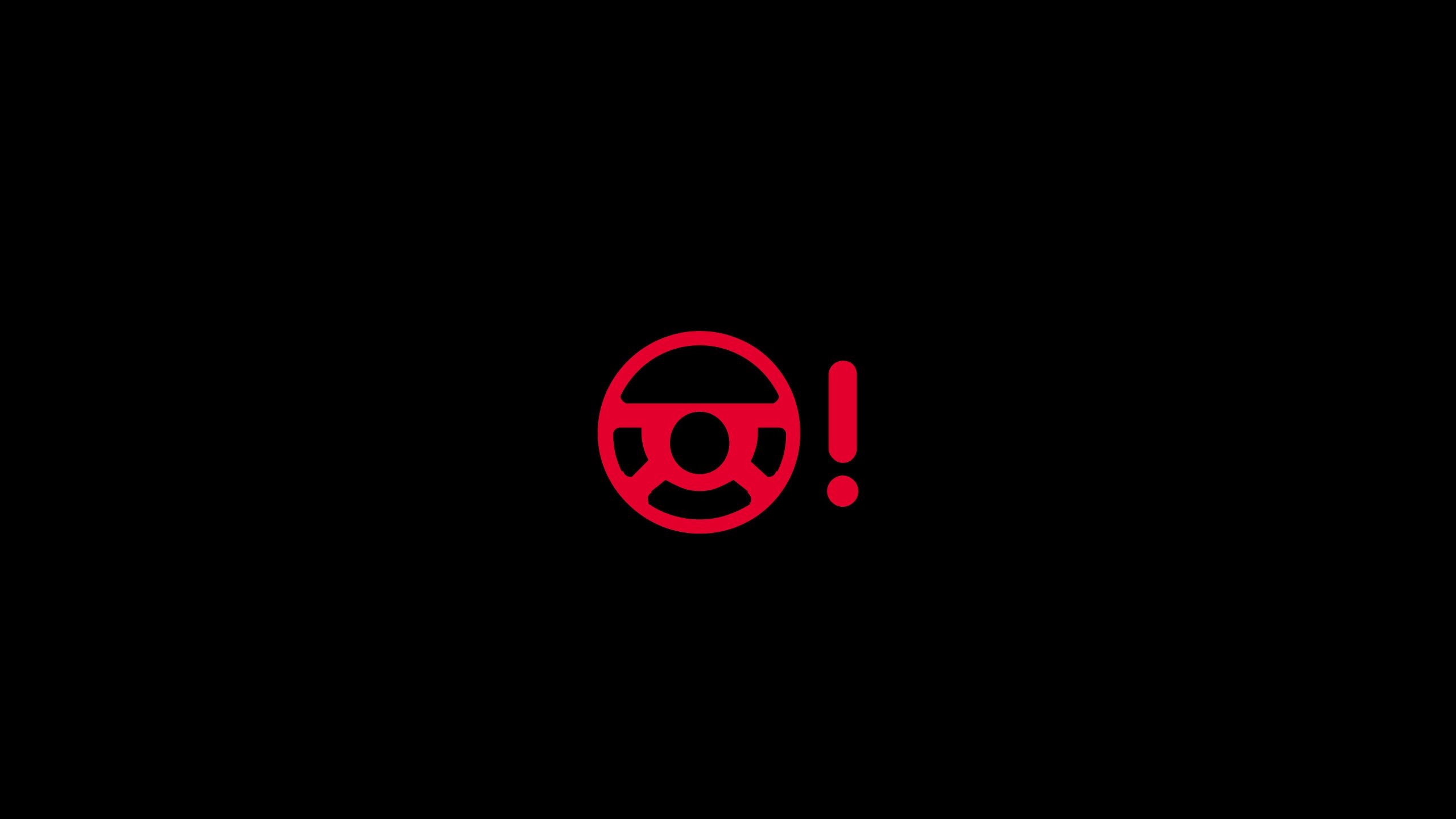 Rotes Symbol eines Lenkrads mit einem Ausrufezeichen daneben. Deutet auf eine Warnung oder ein Problem mit dem Lenksystem hin. Der Hintergrund ist schwarz.