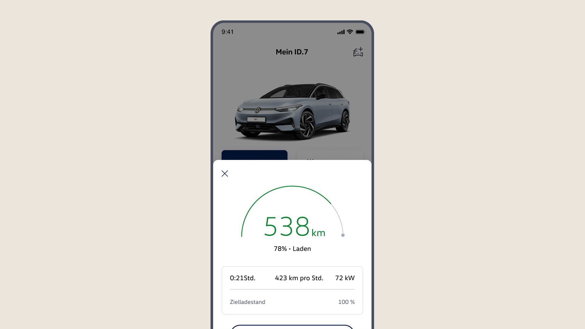 Ansicht in der Volkswagen App mit Reichweite, Ladefortschritt und Ziel-Ladezustand.