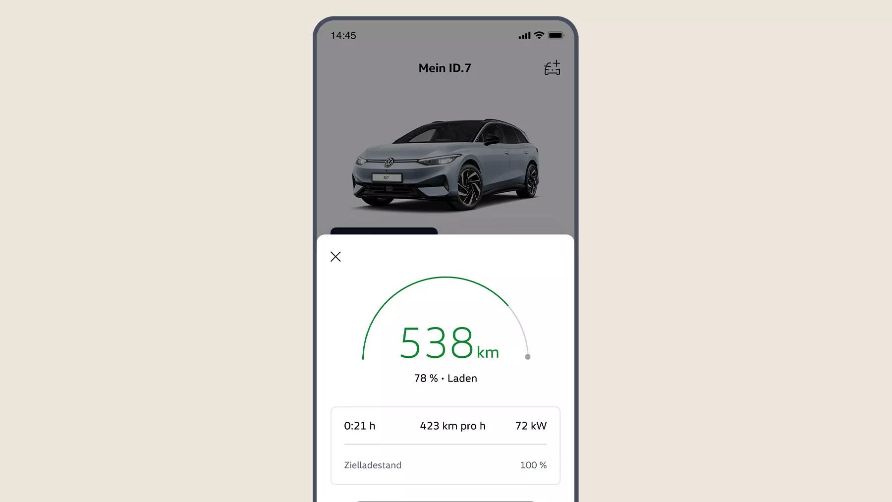 Ansicht in der Volkswagen App mit Reichweite, Ladefortschritt und Ziel-Ladezustand.