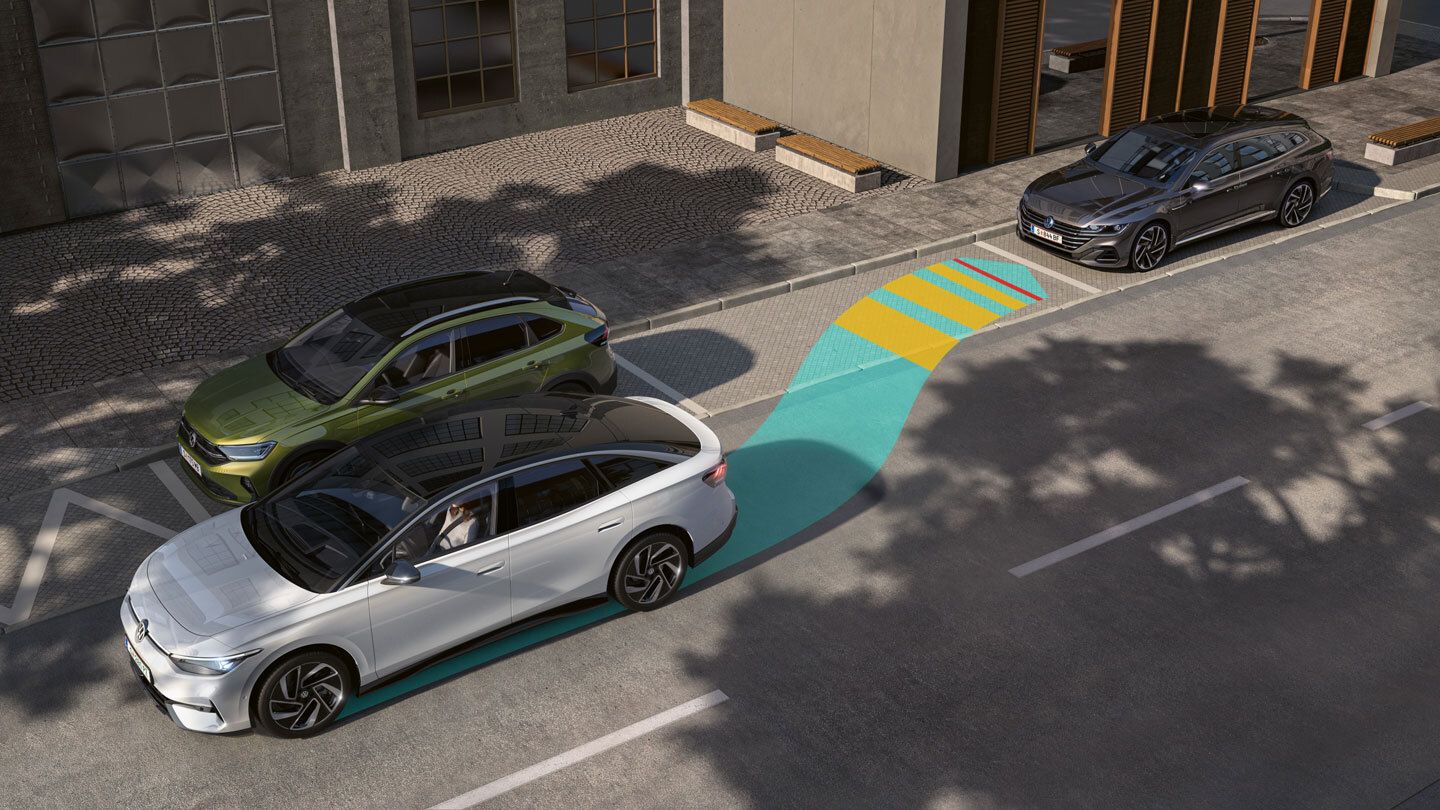 Grafische Darstellung des Fahrassistenzsystems "Park Assist" im ID.7