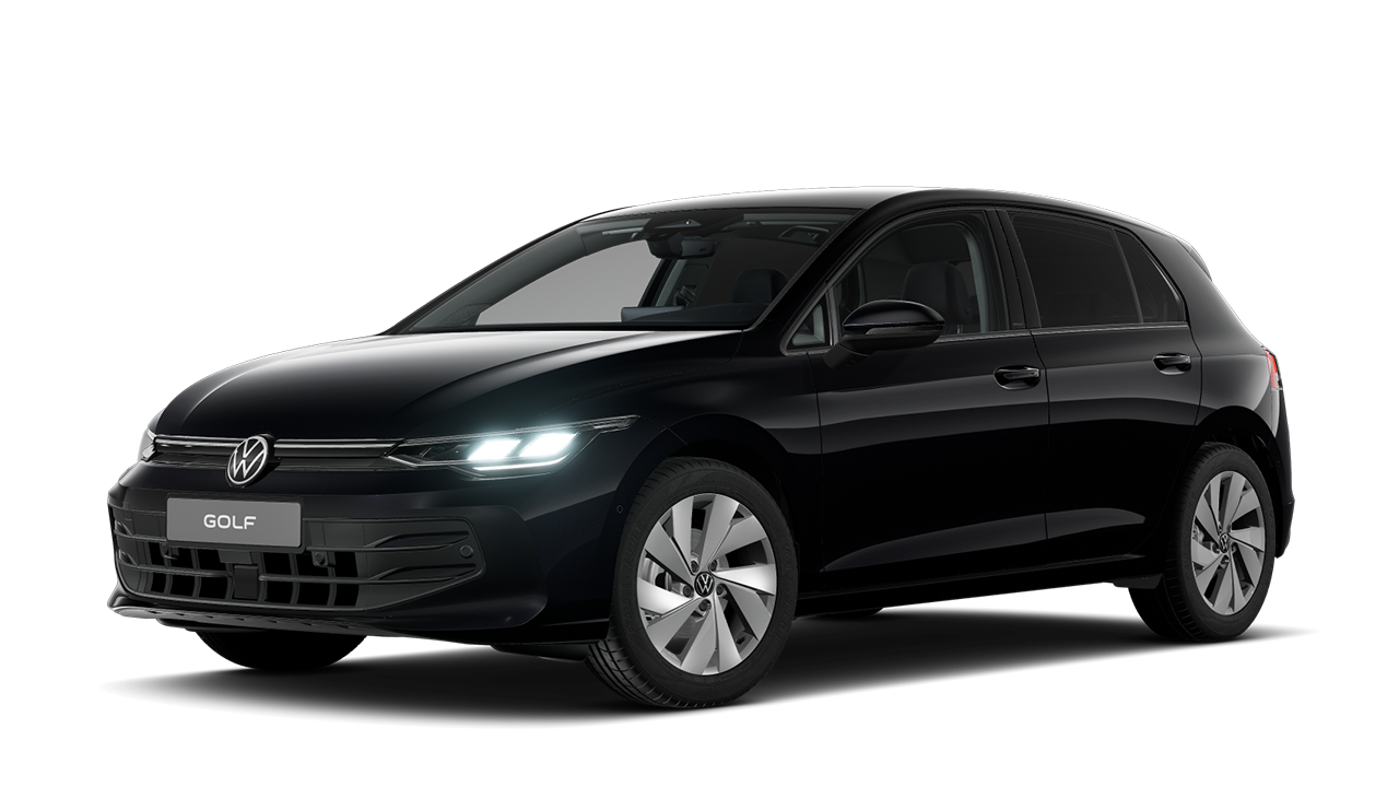 Schwarzer VW Golf, Seitenansicht von vorne. Das Auto hat LED-Scheinwerfer und silberne Felgen. Die Karosserie ist glatt und modern gestaltet.