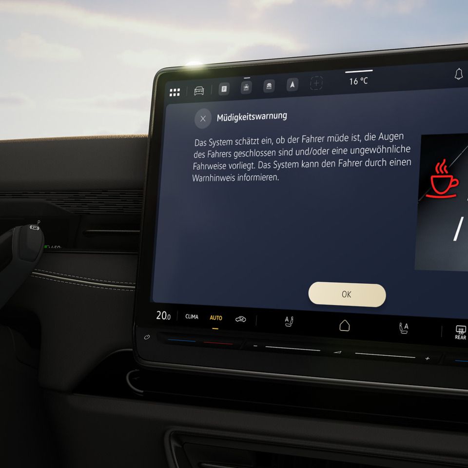 Das Bild zeigt das Infotainment System eines ID. Modells und die Funktion "Müdigkeitswarnung" 