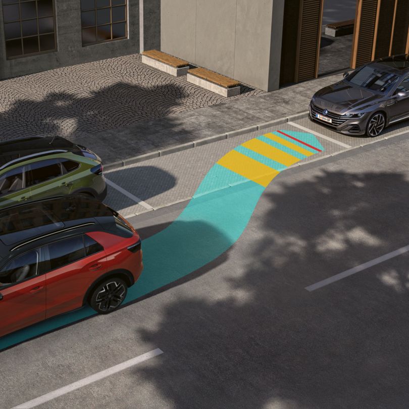 Grafik zeigt einen VW T-Roc der mit Park Assist Plus rückwärts in eine seitliche Parklücke einparkt.