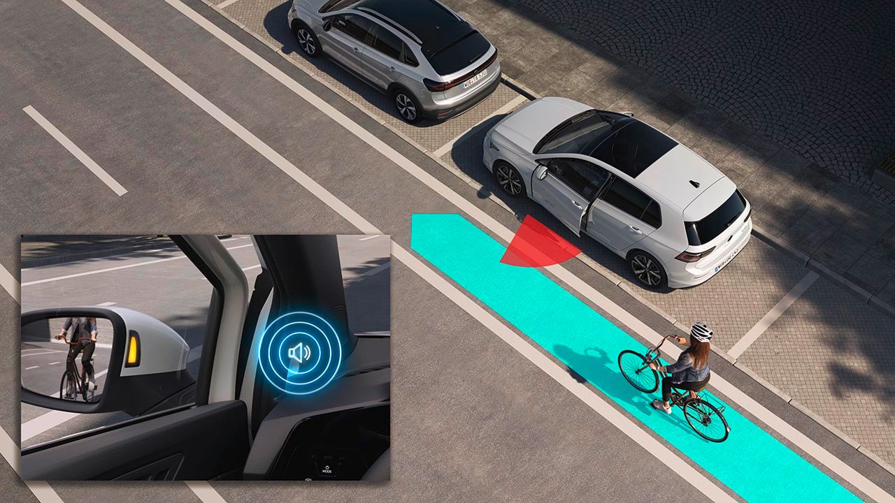 Die Illustration zeigt schematisch anhand eines VW Golf die Funktionsweise der Ausstiegswarnung.