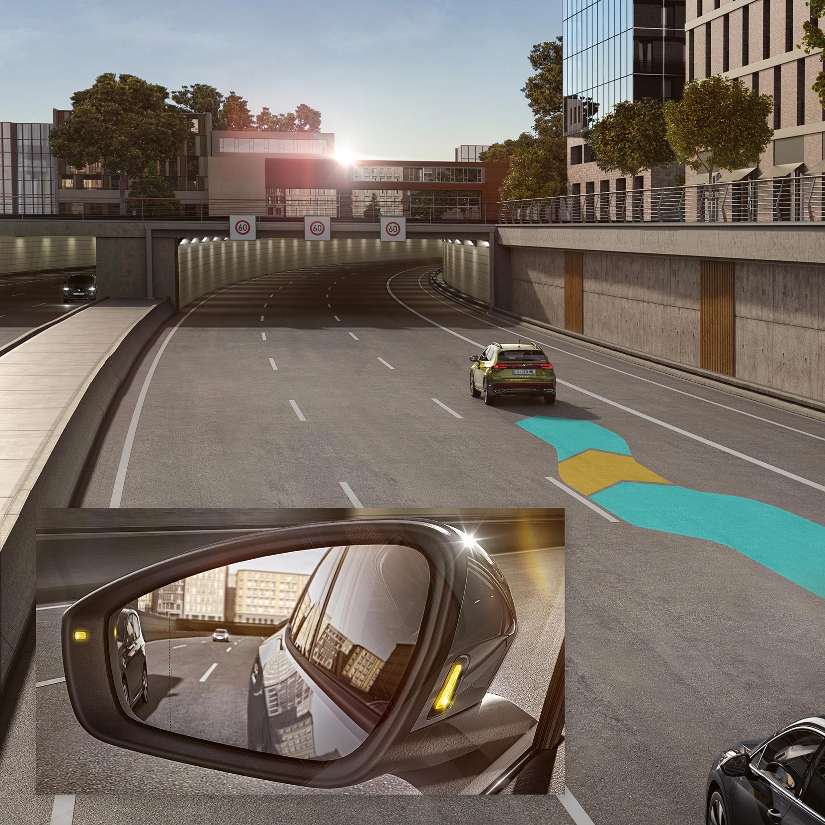 Illustration zeigt schematisch anhand eines VW ID.5 die Funktionsweise des Side Assist.