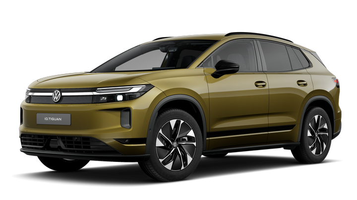 Seitlich schräge Ansicht eines ID. Tiguan Life in Olive Bronze