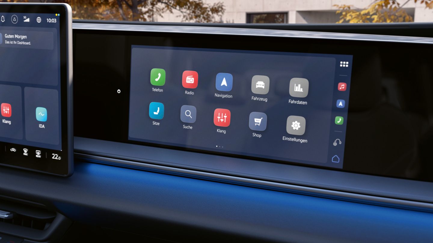 Interieur-Ansicht des Cockpits eines VW ID.4 Reskin Style mit Beifahrerdisplay.