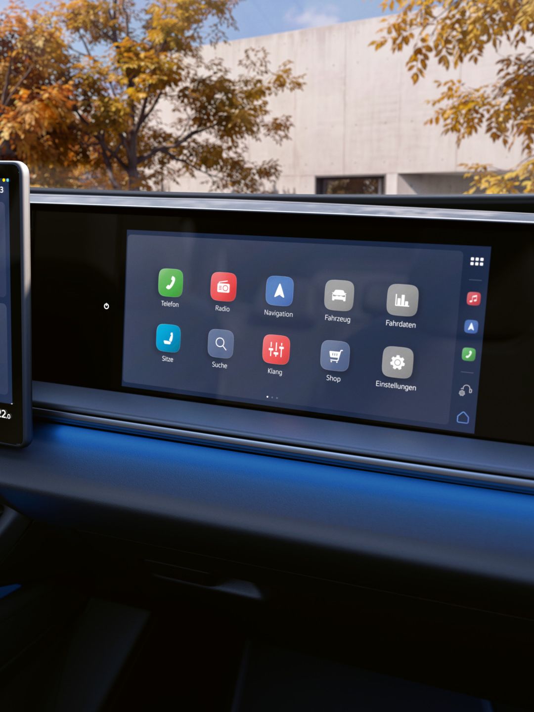 Interieur-Ansicht des Cockpits eines VW ID.4 Reskin Style mit Beifahrerdisplay.
