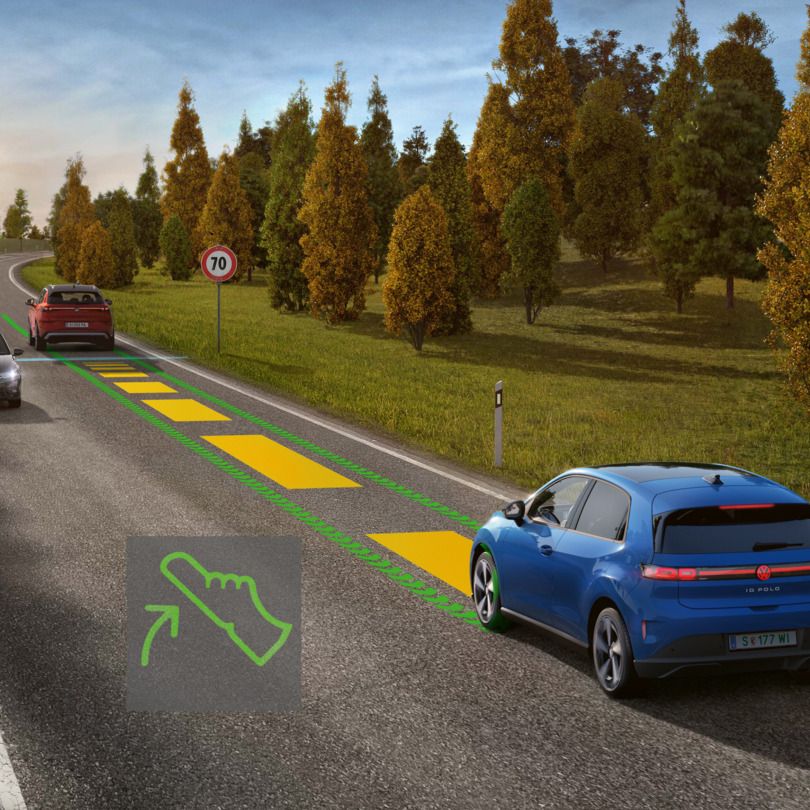 Illustration zeigt schematisch anhand eines blauen VW ID. Polo die Funktionsweis der Eco Assistenz