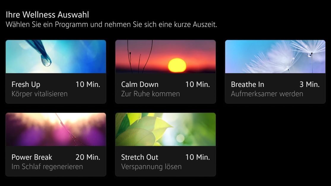 Der Screen des Infotainment-Systems zeigt die Funktionen der Wellness In-Car App.