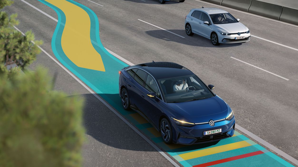 Illustration zeigt schematisch anhand eines VW ID.7 die Funktionsweise des Emergency Assist.