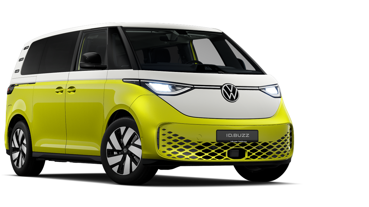 Frontansicht eines gelb-weißen VW ID. Buzz