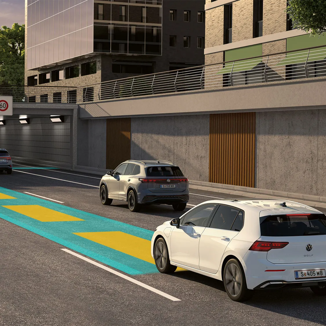 Illustration zeigt schematisch anhand eines VW Golf die Funktionsweise des Travel Assist.