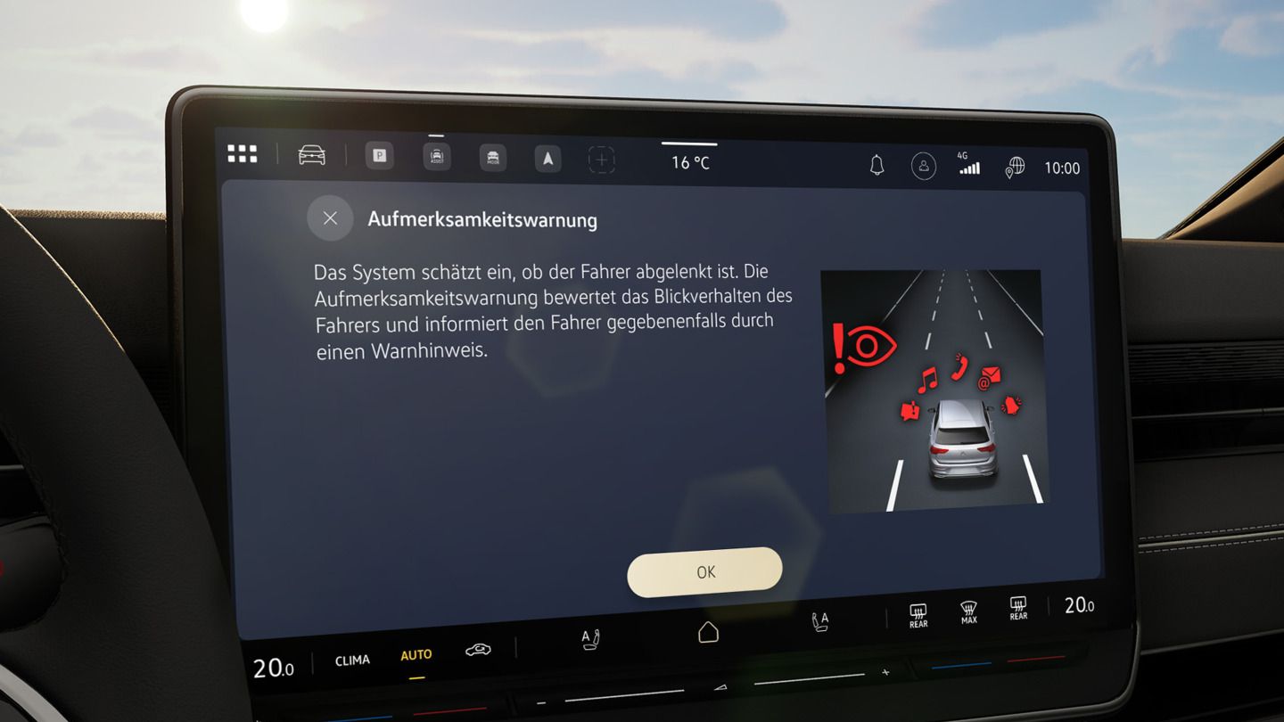 Das Bild zeigt das Infotainment System eines ID. Modells und die Funktion "Aufmerksamkeitswarnung"