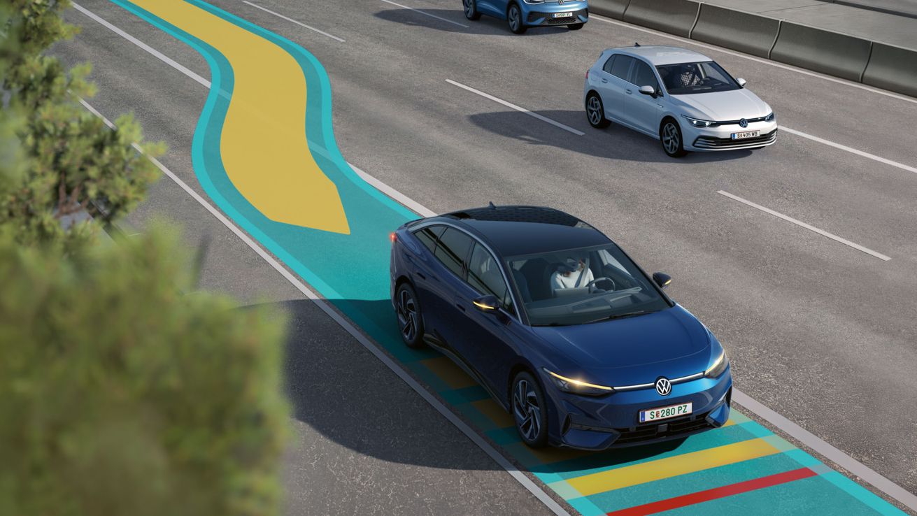 Illustration zeigt schematisch anhand eines VW ID.7 die Funktionsweise des Emergency Assist.