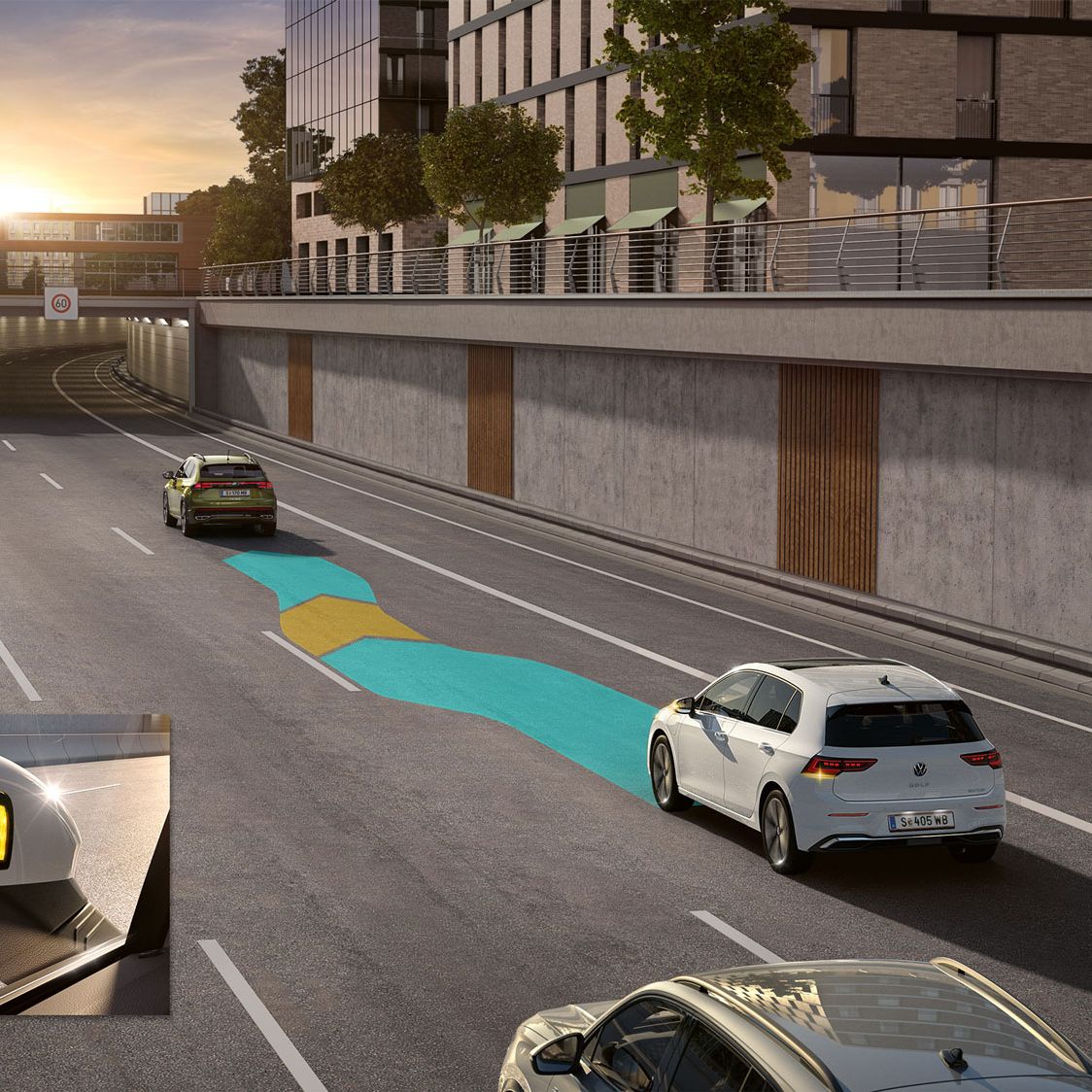Illustration zeigt schematisch anhand eines VW Golf die Funktionsweise des Side Assist.