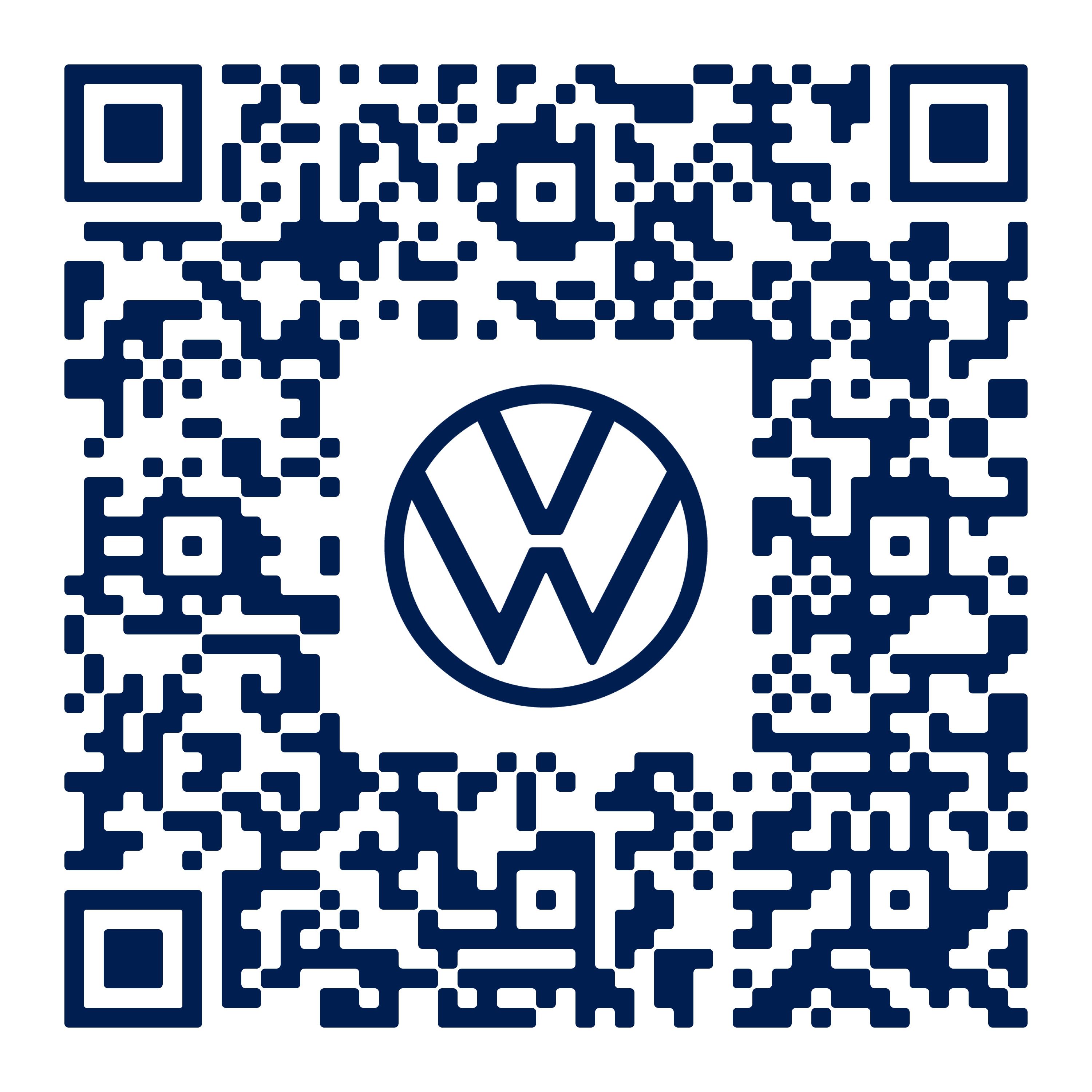 Ein dunkelblauer QR-Code mit dem Volkswagen-Logo in der Mitte. Der QR-Code enthält komplexe Muster, die zum Scannen verwendet werden können. Das Logo besteht aus einem kreisförmigen Emblem mit einem stilisierten "VW"-Buchstaben.
