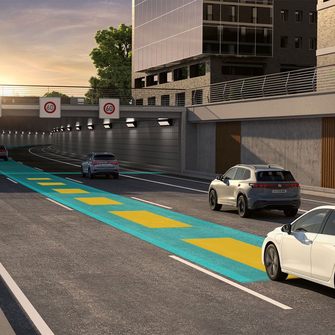 Illustration zeigt schematisch anhand eines VW Golf die Funktionsweise des Travel Assist.