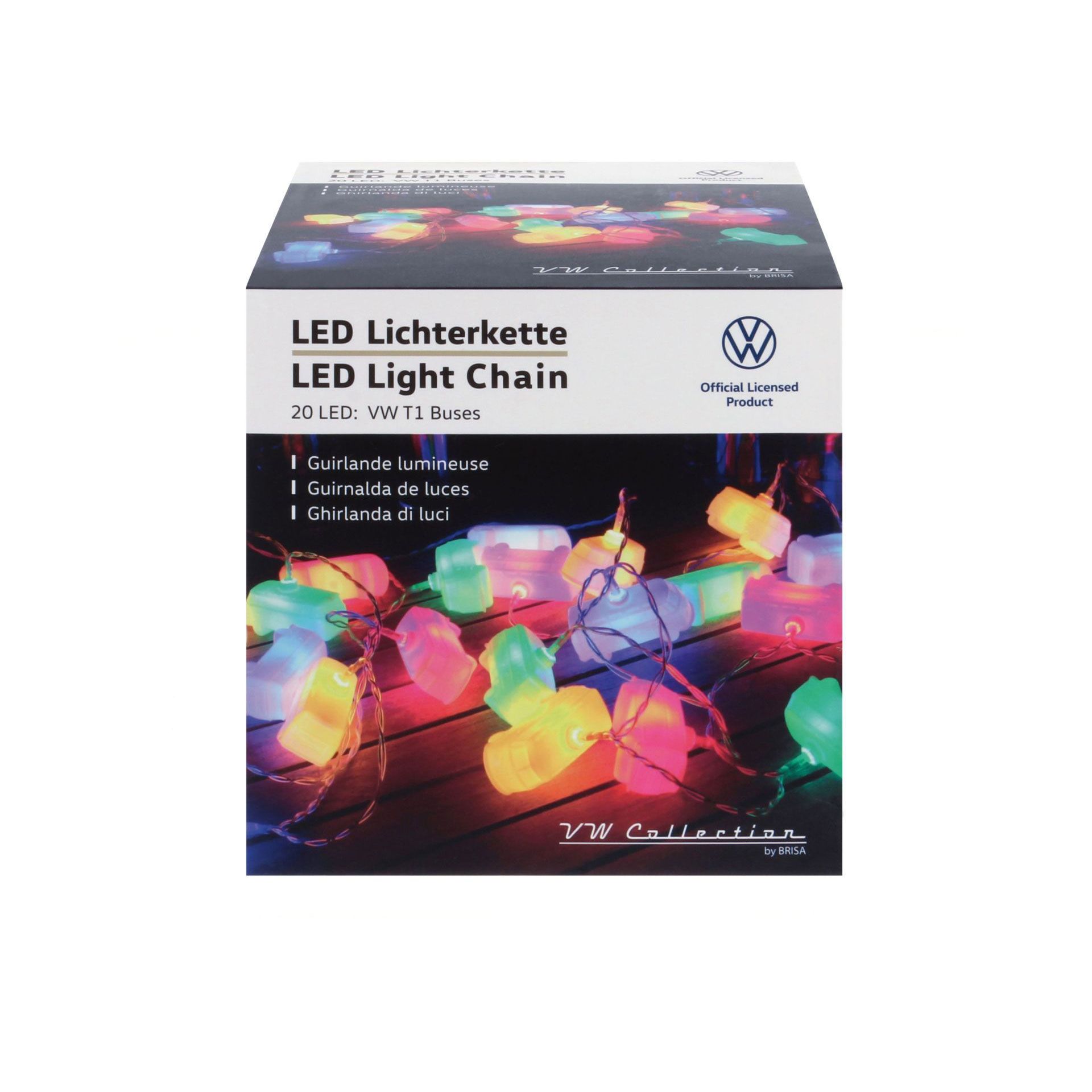 Verpackung einer LED-Lichterkette mit bunten LED-Leuchten in VW-Bus-Form. Auf der Verpackung steht "LED Lichterkette LED Light Chain" und "VW Collection by BRISA". Es handelt sich um ein offiziell lizenziertes Produkt von Volkswagen.