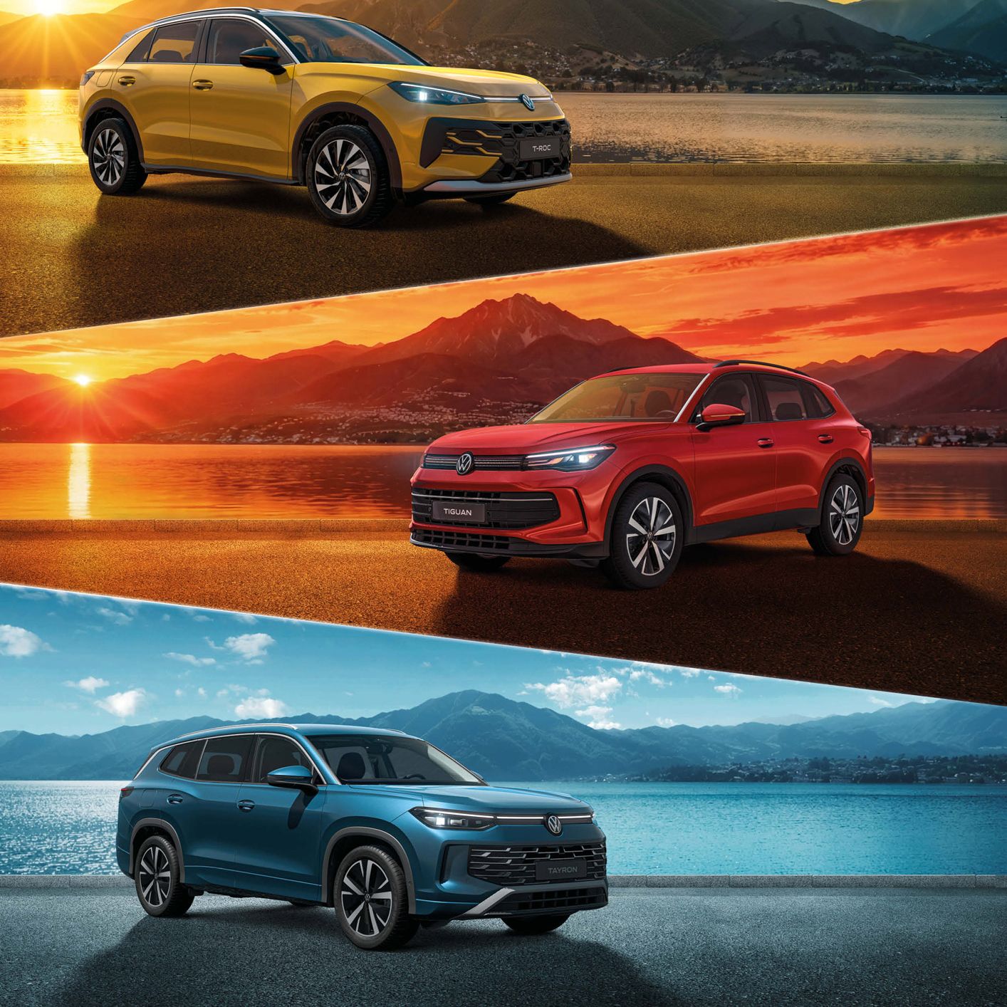 Aktionsbild für einen VW-Kampagne, die SUVs in drei verschiedenen Farben (Gelb, Rot, Blau) jeweils vor einer spektakulären Landschaft mit See und Bergen bei wechselnder Lichtstimmung präsentiert wird. Oben steht der Slogan „Aus Grau wird WOW“ mit großem VW-Logo. Die Bilder vermitteln Dynamik, Lifestyle und ein hochwertiges, modernes Fahrzeugdesign.