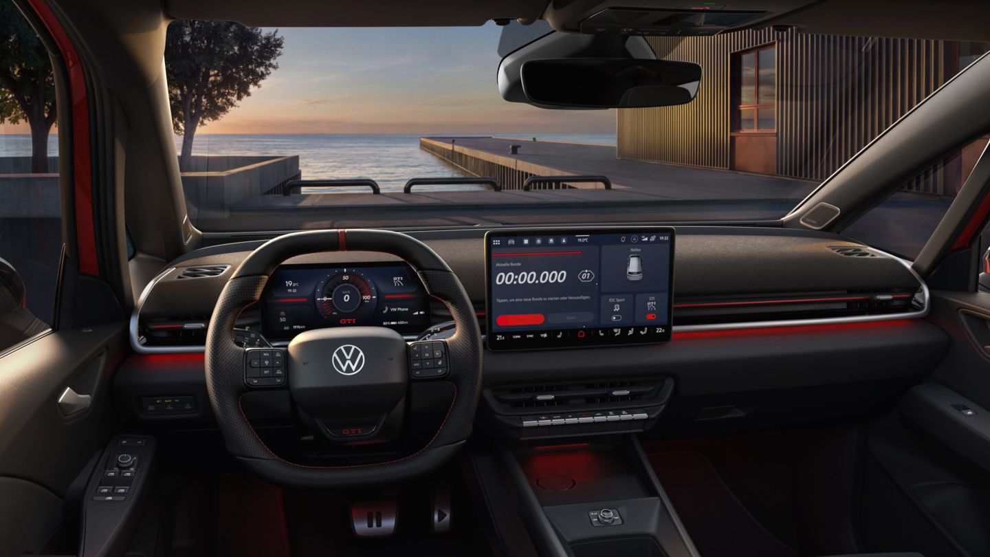 [AI-modified] – Blick auf das Cockpit eines VW ID.3 GTI kurz vor Sonnenuntergang.
